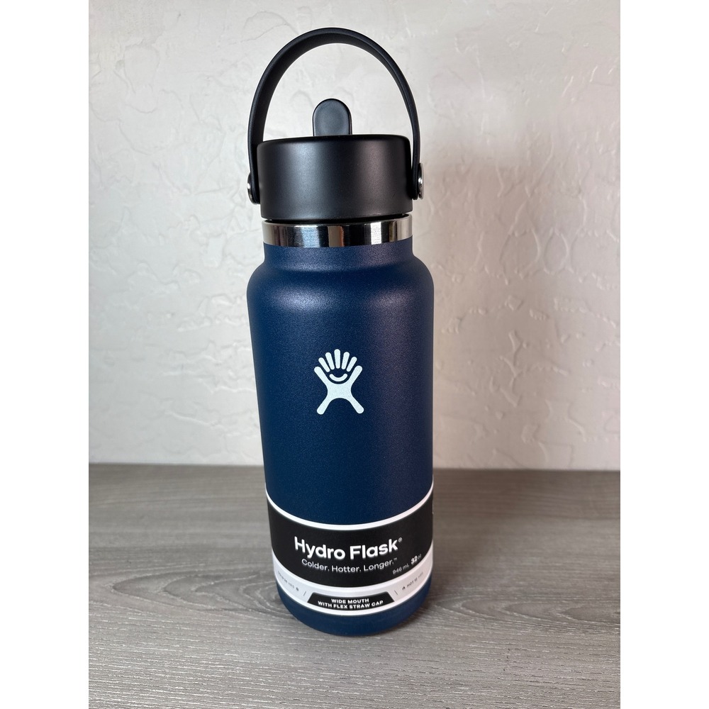 Hydro Flask 32 oz Wide Mouth‎ Water Bottle Indigo Blue with Flex Straw Cap NEW